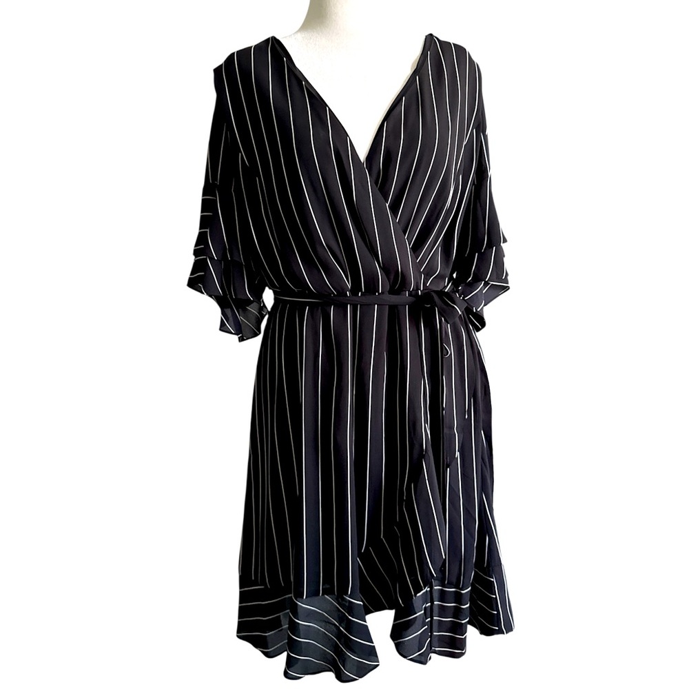 City Chic, black dress w/white stripe, faux wrap, ruffle sleeve & hem, size 18